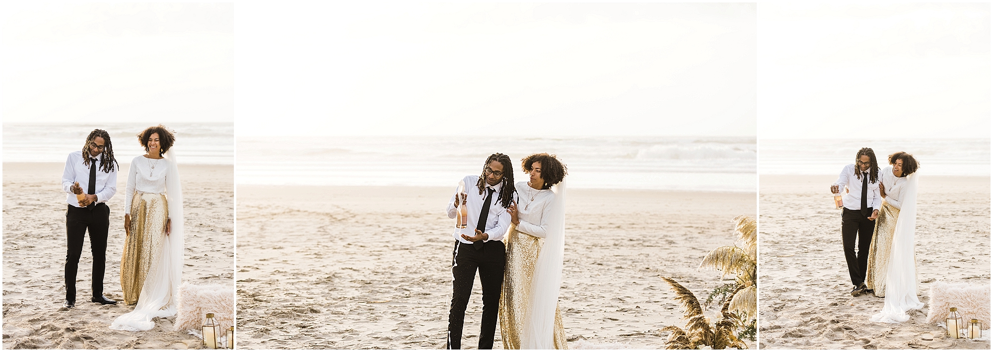 A black couple pops champagne on the beach to celebrate their wedding day during a beautiful Oregon Coast elopement in Neskowin. | Erica Swantek Photography