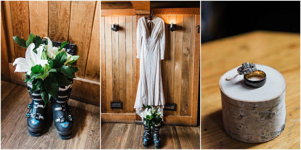 Ski boots with a white lily bouquet, a gorgeous white lace gown with plunging neckline and open back and beautiful diamond wedding ring and black band with Mt. Hood inscribed on the inside for a lovely winter wedding at Timberline Lodge's Silcox Hut.