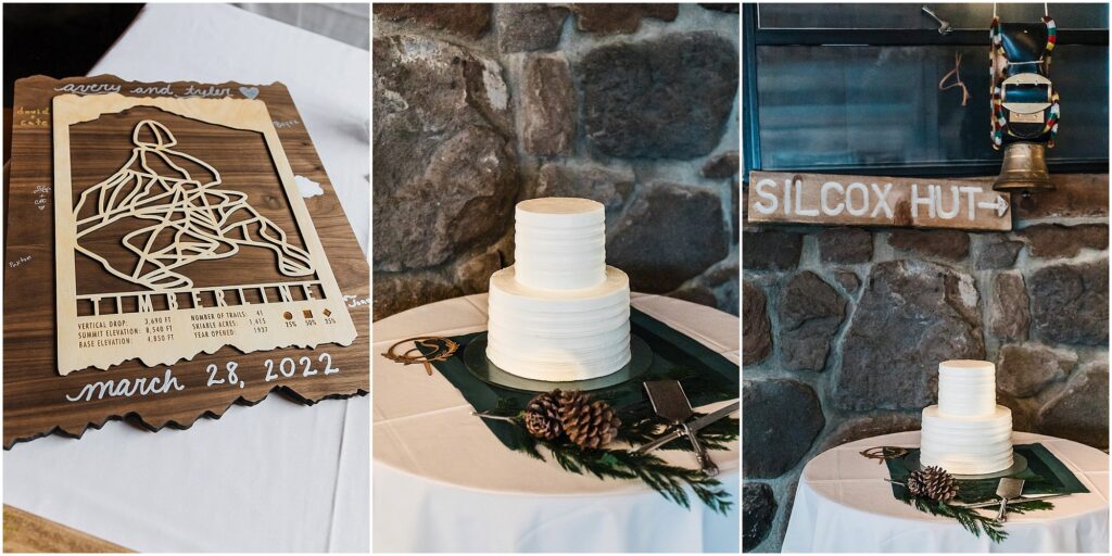 A custom sign with the stats of Timberline Resort for a guestbook along with a simple cake for this adventure ski wedding at the Silcox Hut in Oregon. 