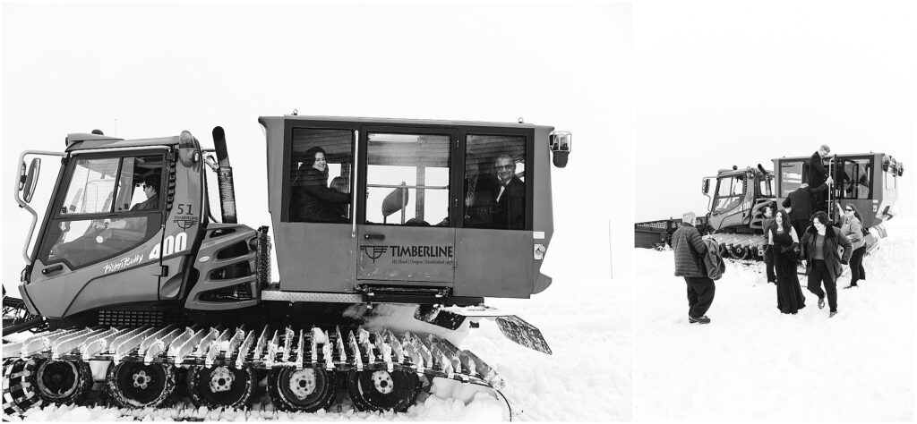 Black and white images of guests arriving to a Silcox Hut wedding via snowcat in the winter. 