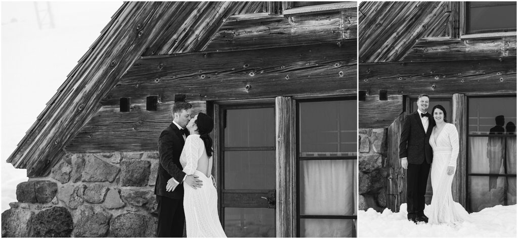 Beautiful black and white image of a wedding couple at Oregon's Silcox Hut intimate winter wedding. 
