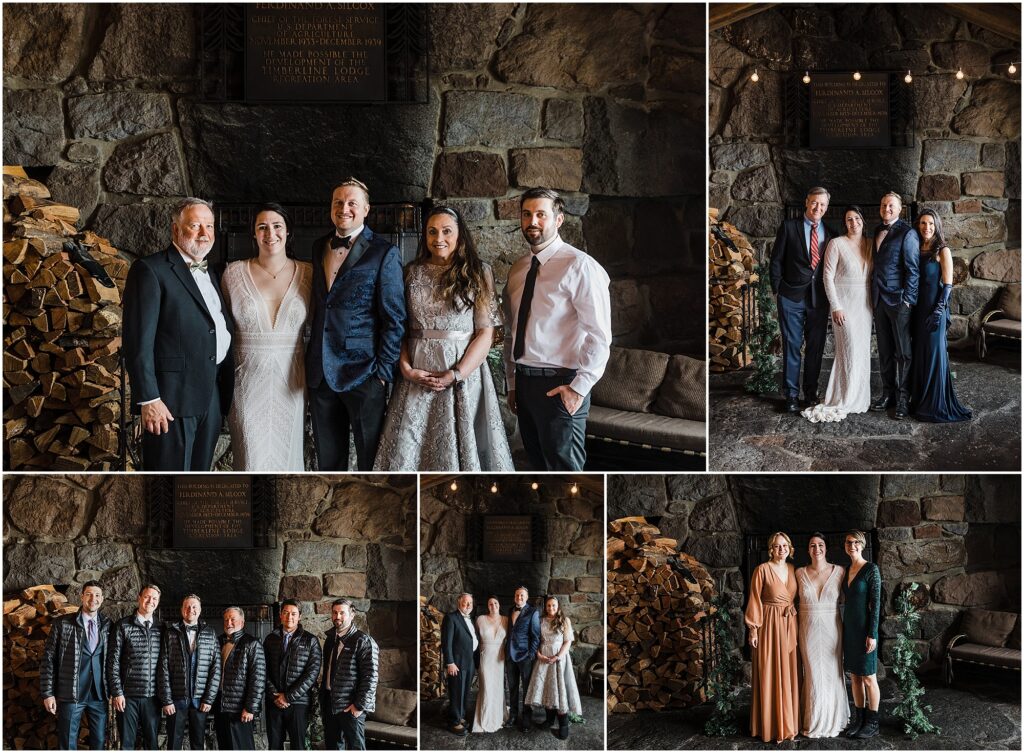Family portraits in front of the rock fireplace build by the CCC at at Silcox Hut intimate winter wedding at Timberline Ski Resort in Oregon. 
