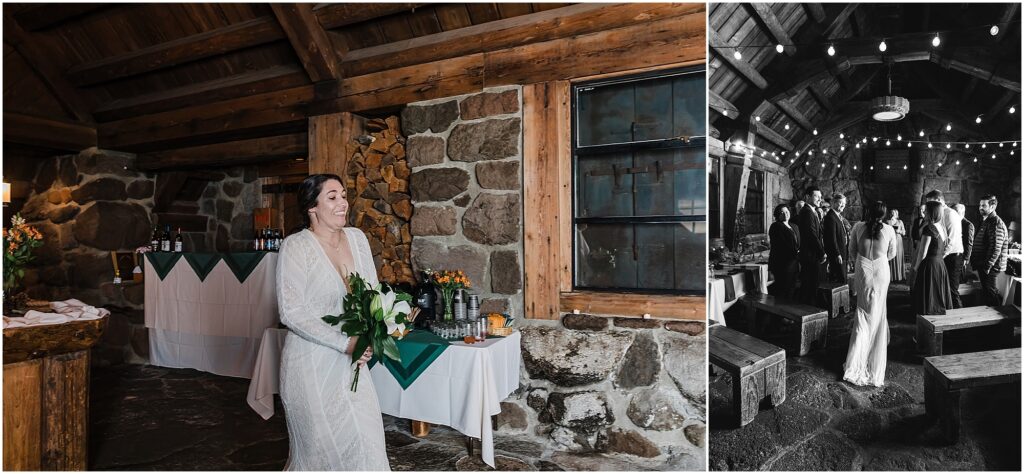 A bride carrying a simple white lily bouquet walks through the rock walls as her guests sit on wooden benches for this intimate winter wedding at the Silcox Hut in Oregon. 
