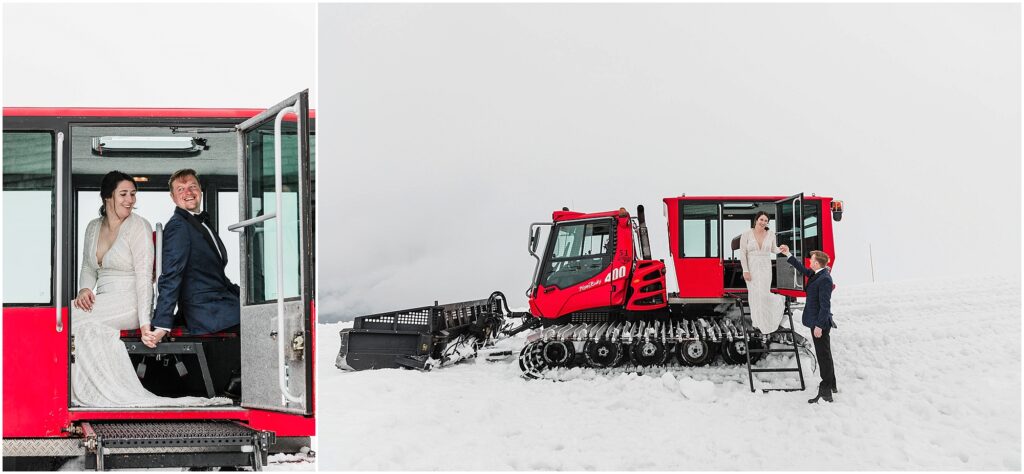 A bride wearing a long sleeve white lace gown and a groom wearing a blue suit jacket and black bowtie sit in the bright red cab of a snowcat machine at their Silcox Hut intimate winter wedding in Oregon. 