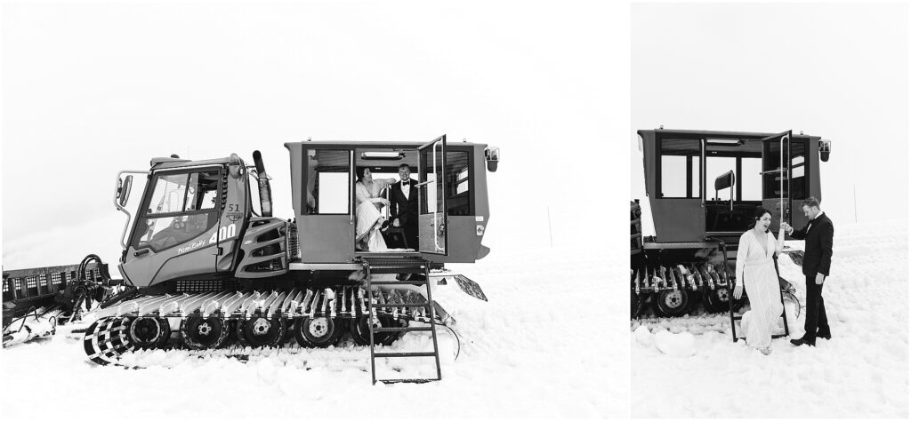 Black and white photos of a bride and groom using the snowcat machine at their Silcox Hut winter wedding at Timberline Lodge in Oregon. 
