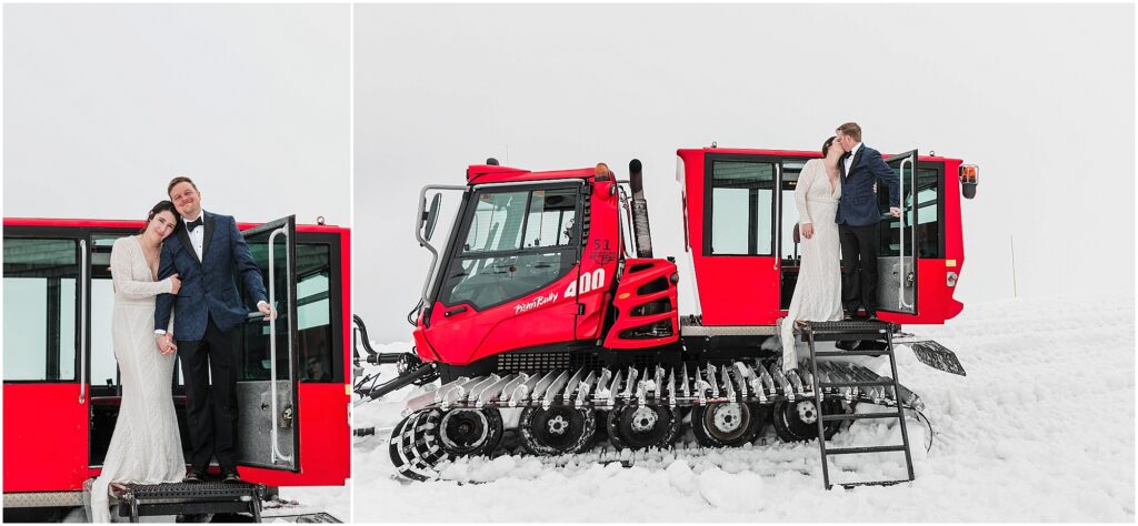 A bride wearing a white lace gown with long sleeves stands holding her groom's hand wearing a black and blue tuxedo. They stand on a folding ladder at the top of a red snowcat machine at their intimate winter wedding at Silcox Hut at Oregon's Timberline Ski Resort.