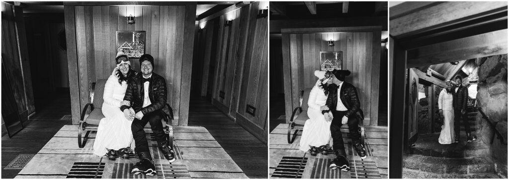 Black and white photos of the bride and groom putting on their ski boots before their send off down the mountain after their Silcox Hut wedding at Timberline on Mt. Hood in Oregon. 
