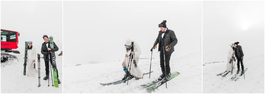 A bride in a long white lace dress and white Patagonia jacket and a groom in a black Patagonia jacket and black beanie lock into their skis before descending down the mountain at their Silcox Hut intimate winter wedding. 