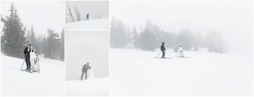 A bride wearing a white dress, beanie and googles skis down the slopes of Timberline Mountain Resort with her groom wearing a black tux for their Silcox Hut Intimate Winter Wedding in Oregon.