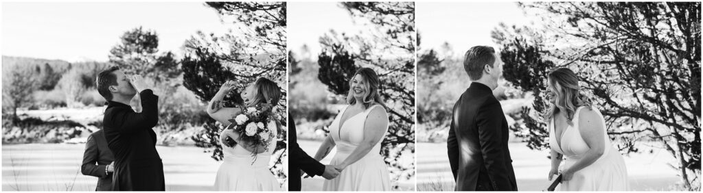 Black and white images of an intimate outdoor Sunriver elopement ceremony in this where to elope in Bend guide. 