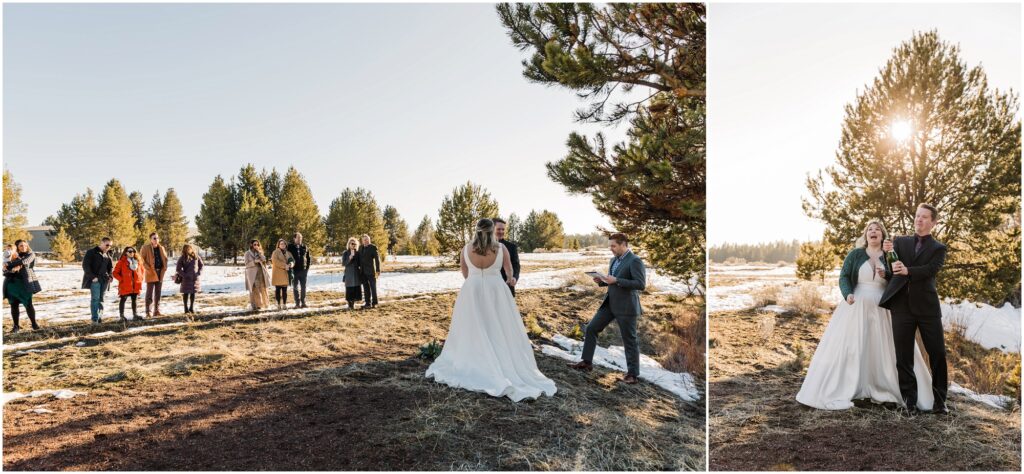 Where to elope in Bend guide featuring a couple's intimate Sunriver Oregon wedding ceremony in January along the Deschutes River. 