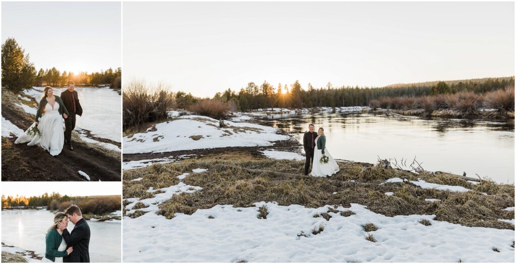 A bride in a cream colored gown with a green sweater holds a bouquet of white and green flowers while walking with her groom in a black suit and burgundy tie through the snow in Sunriver in this where to elope in Bend guide. 