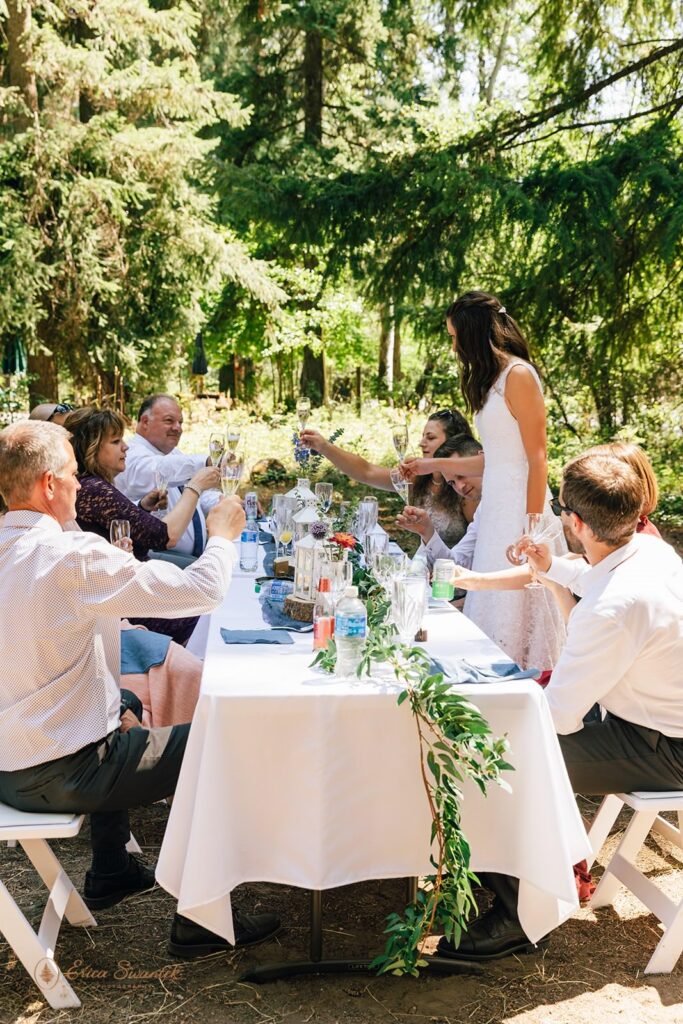 A wedding party cheers to a couple while sitting at an outdoor banquet-style table.