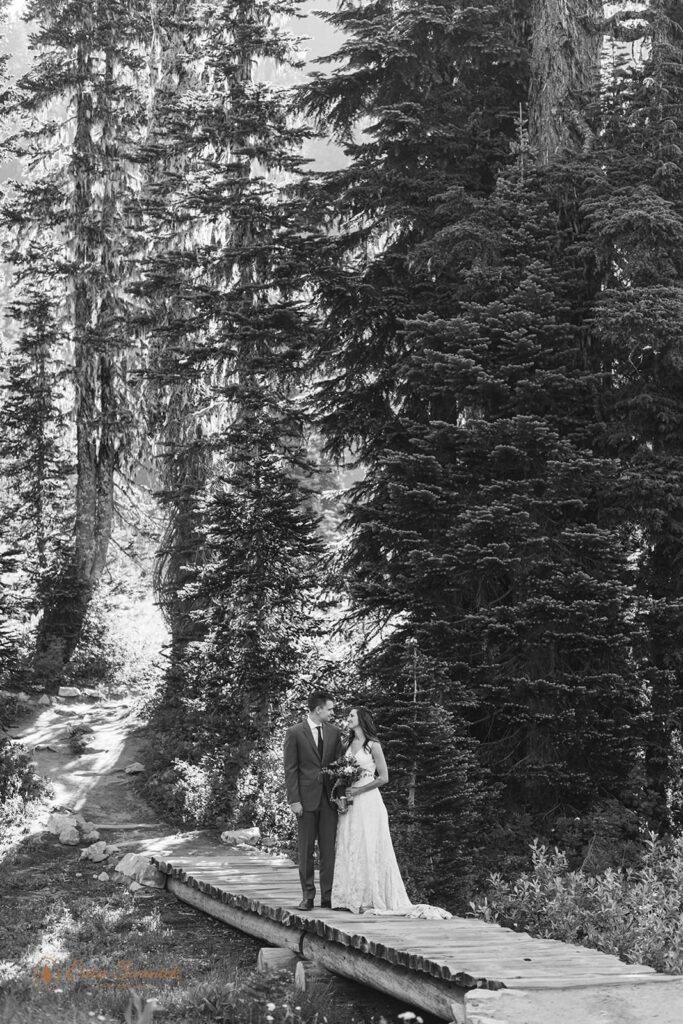 A couple stands on a bridge during a National Park elopement.