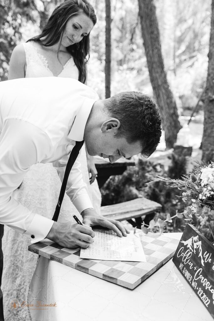 A groom signs a Washington State marriage license. 
