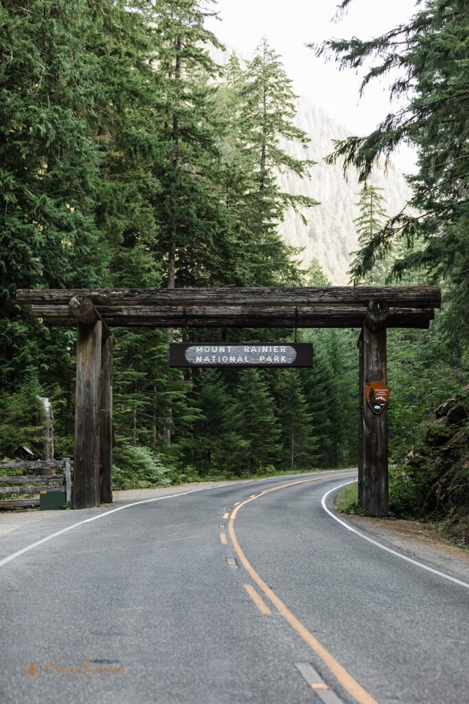 Mt. Rainier National Park entrance sign.