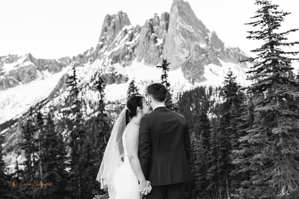 A newlywed couple admires a mountain peak in the Cascades. 