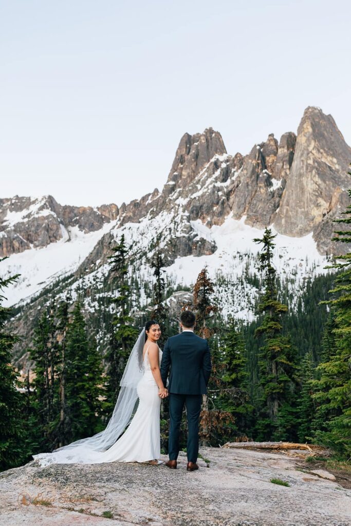 A bride and groom hold hands by a mountain peak.