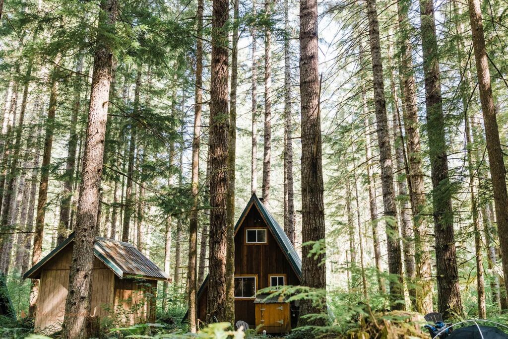 A rustic a-frame cabin near Mt. Rainier National Park.