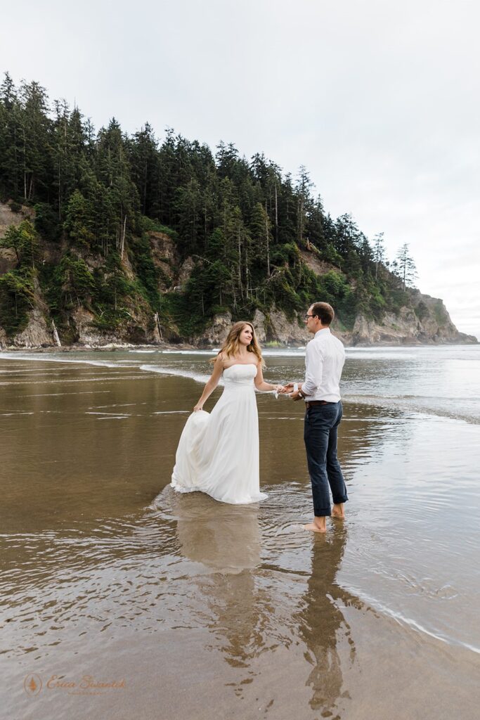 A couple celebrates a beach vow ceremony along the Oregon Coast at Short Sand Beach.
