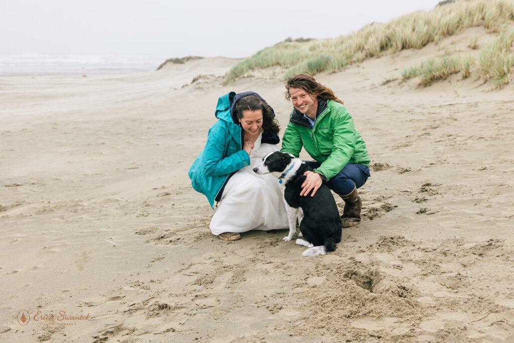 playful elopement couple at the beach in newport during their oregon coast elopement