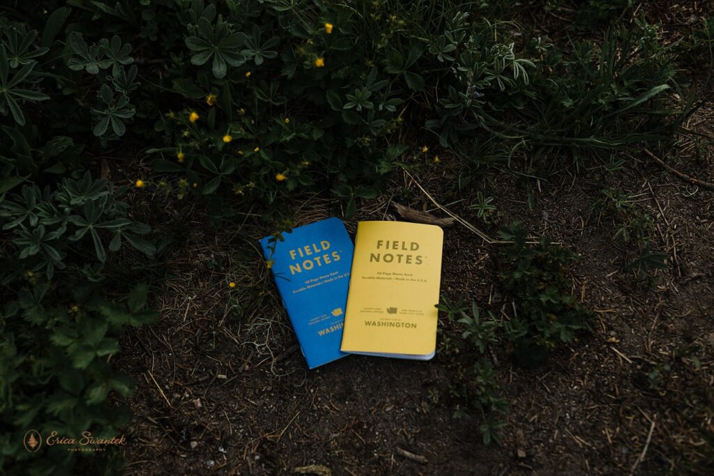 One blue and one yellow field notebooks rest on the ground near a green bush with yellow flowers. 