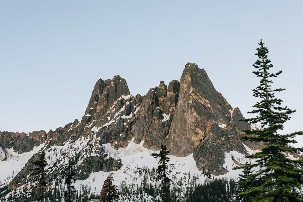 Snow covered mountain peaks of the North Cascades.