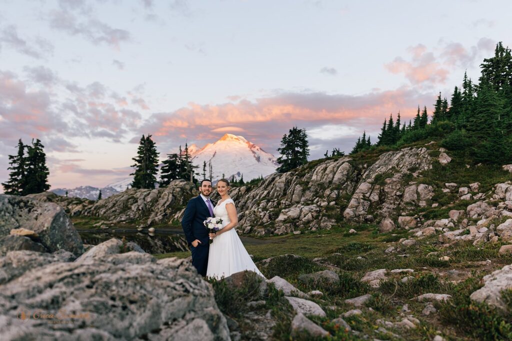 A couple stands in a meadow near a pond at Sunrise along Artist Ridge Trail with a mountain in the background during their Washington elopement.