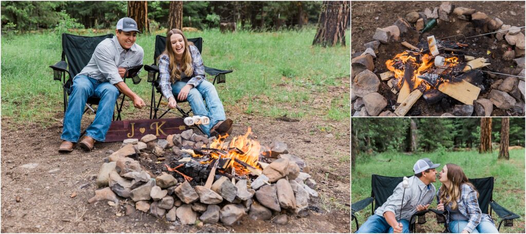 A camping elopement couple roast marshmallows over a campfire in the Ochocos Mountains in Oregon. 