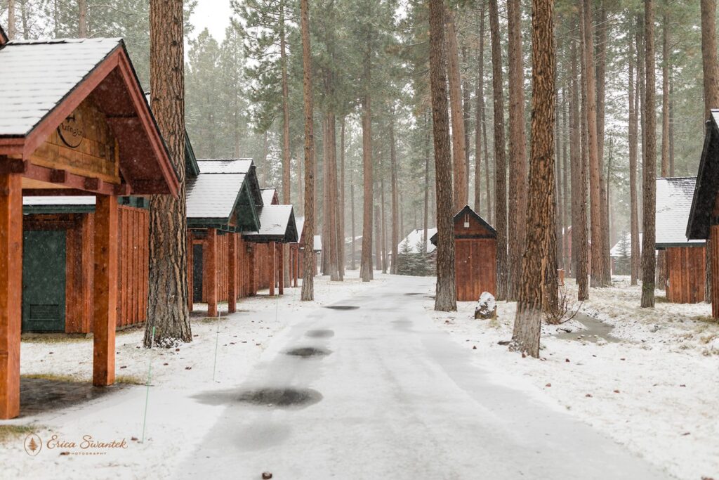 Cabins at FivePine Lodge and Cabins in Winter. 