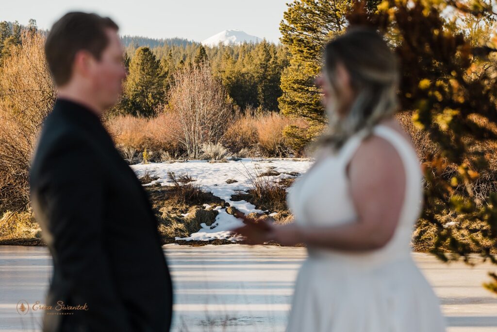 An Oregon elopement couple exchanges vows with a snow-capped mountain in the distance. 