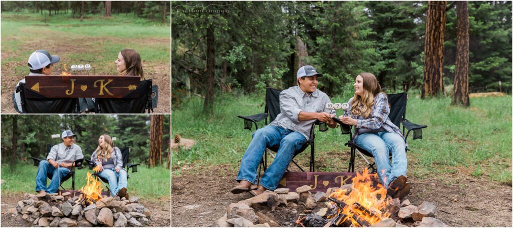 A couple shares s'mores near a campfire during a couples session in the Ochocos Mountains near Bend, Oregon. 