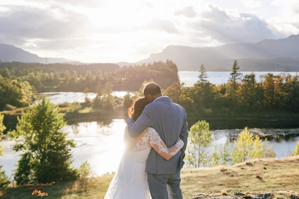 bride and groom at government cove during golden hour for their columbia river gorge elopement