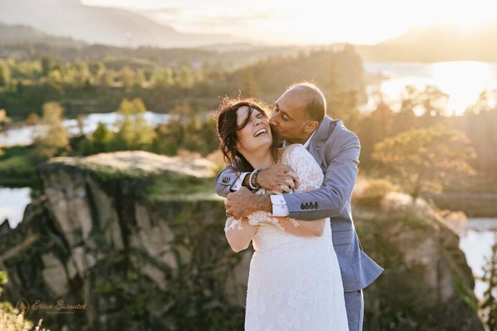 bride and groom at government cove during golden hour for their columbia river gorge elopement