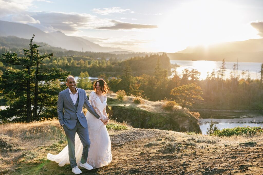 bride and groom at government cove during golden hour for their columbia river gorge elopement