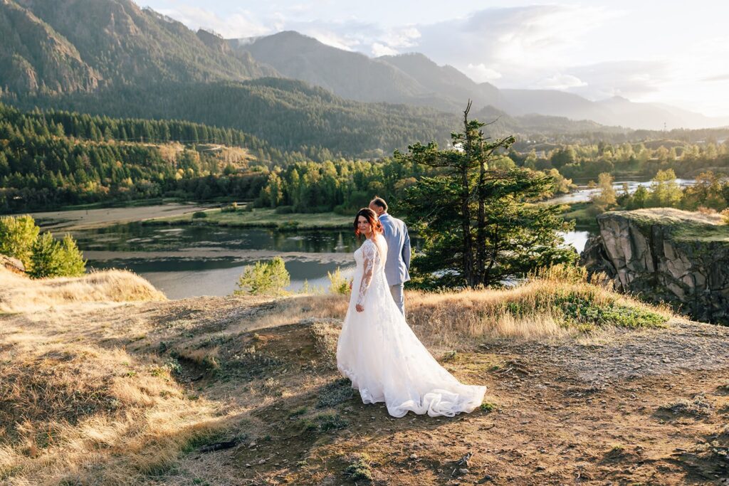 bride and groom at government cove during golden hour for their columbia river gorge elopement