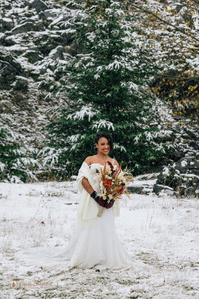 Boho bridal portrait outdoors during winter elopement in Columbia River Gorge