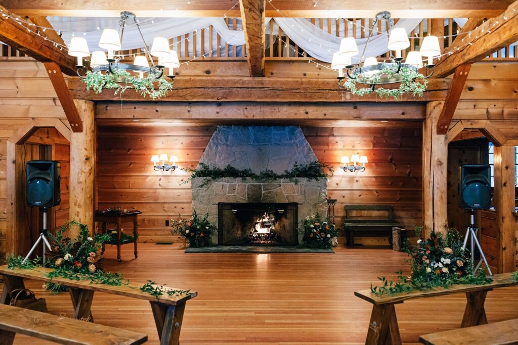 cabin wedding reception set up in Lake Creek Lodge