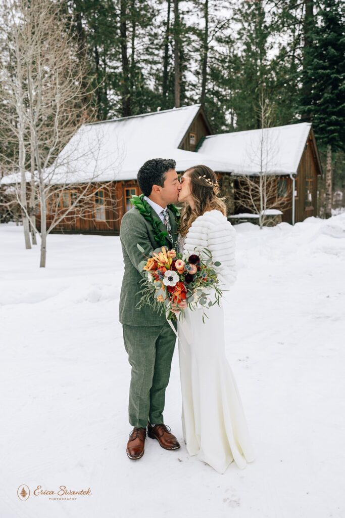 bride and groom surrounded by winter snow and landscapes during their intimate cabin wedding at Lake Creek Lodge