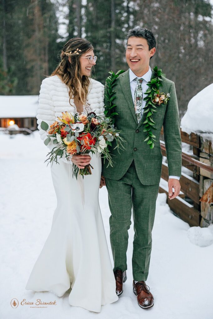 bride and groom surrounded by winter snow and landscapes during their intimate cabin wedding at Lake Creek Lodge