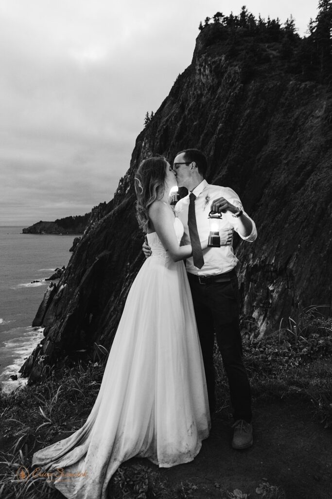 a beautiful elopement couple during their nighttime session with lanterns