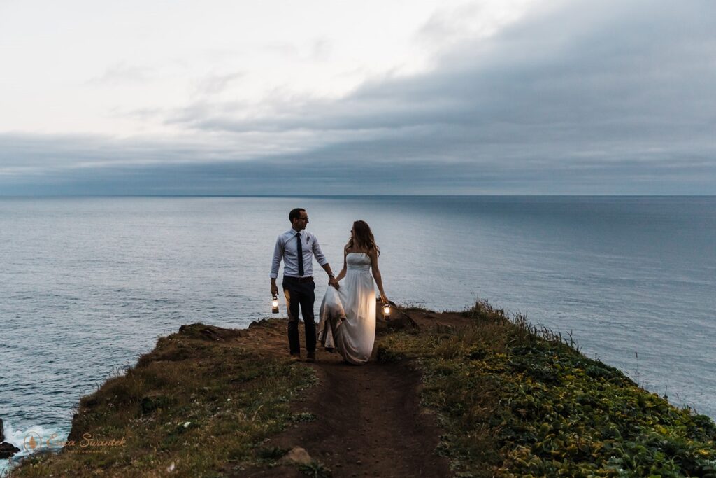 a beautiful elopement couple during their nighttime session with lanterns