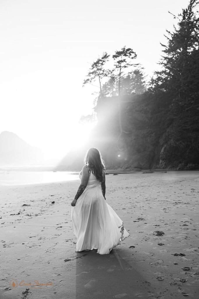 black and white bridal portrait at the beach