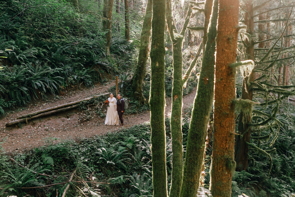 A couple hikes through the forest in their wedding clothes.