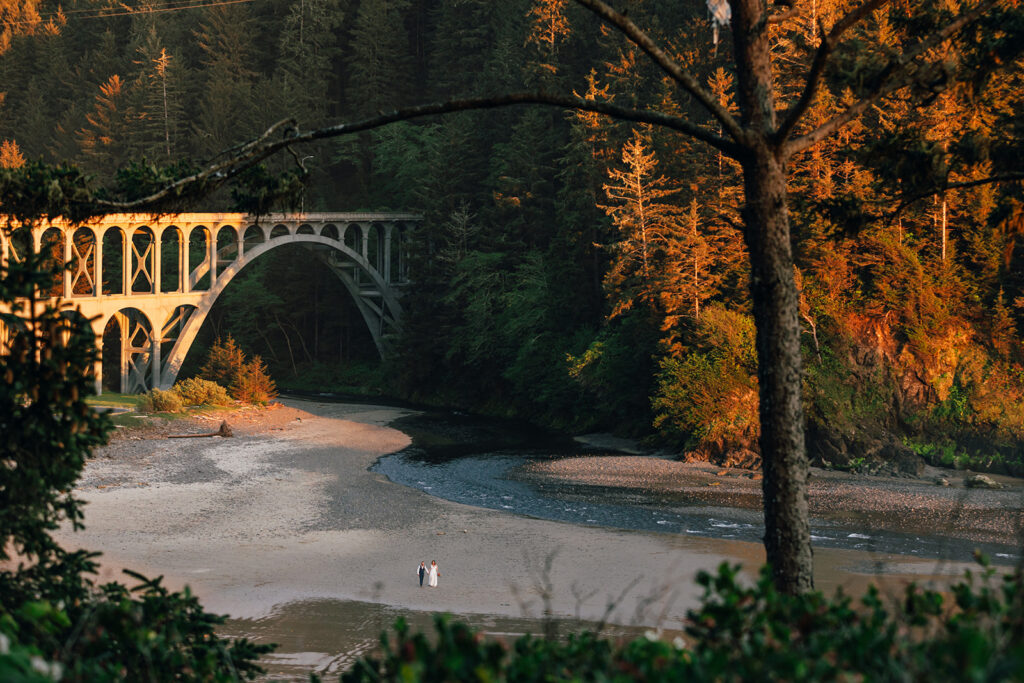 A couple elopes at Cape Cove Beach near Heceta Lighthouse on the Oregon Coast.