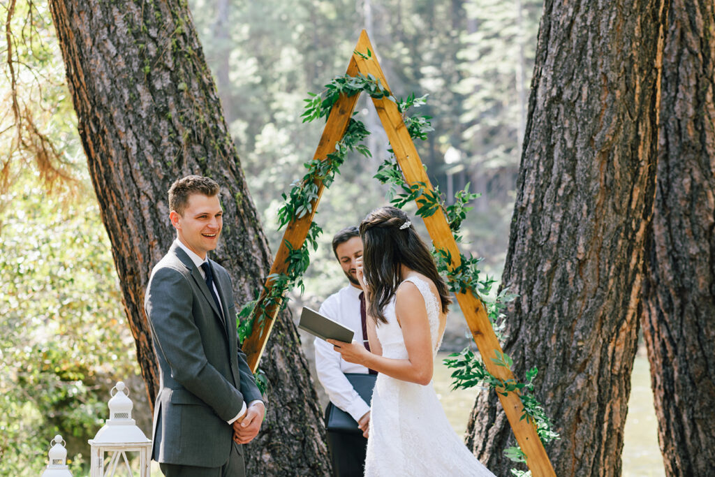 An intimate wedding ceremony at a cabin in Washington outside of Mt. Rainier National Park. 