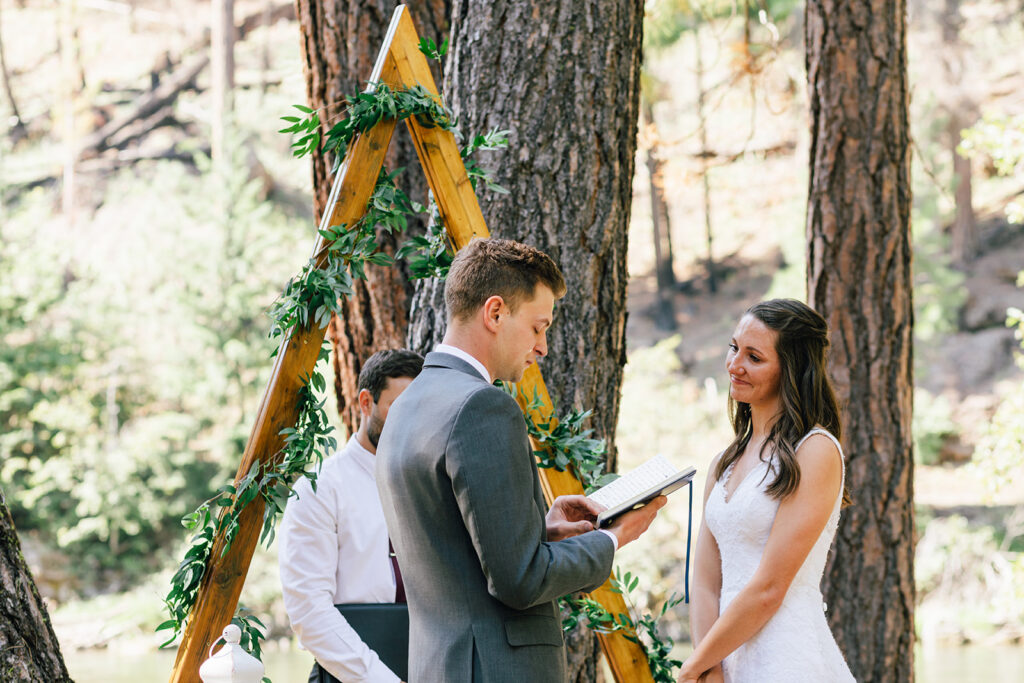 An intimate wedding ceremony at a cabin in Washington outside of Mt. Rainier National Park. 