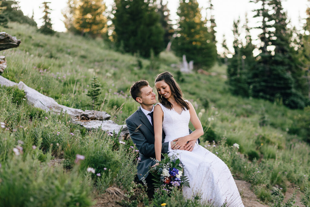 Sunrise hike in wedding attire at Mt. Rainier National Park in Washington.