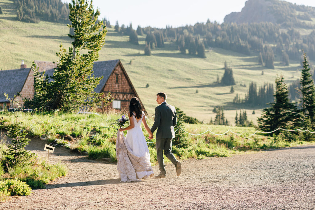 Sunrise hike in wedding attire at Mt. Rainier National Park in Washington.
