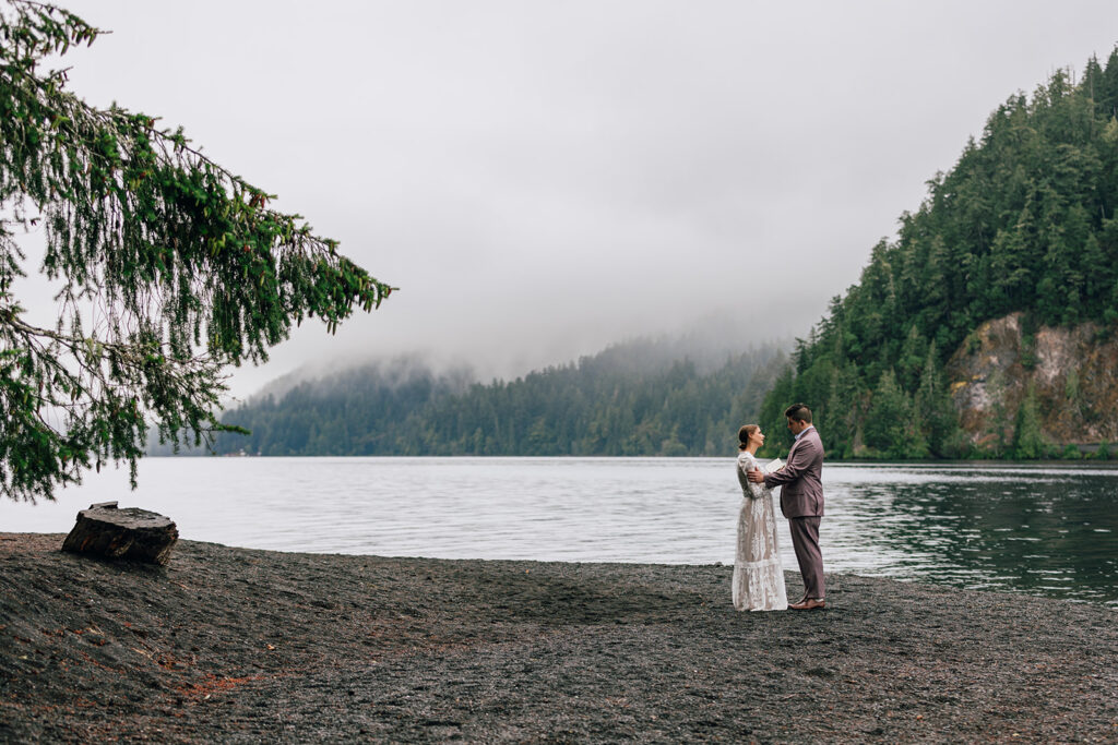 A private elopement ceremony at Lake Crescent in Olympic National Park in Washington.